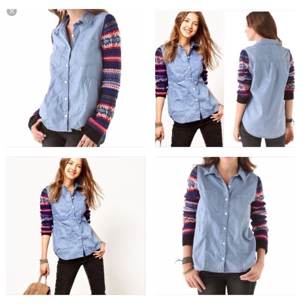 Free People Fair Isle Sweater Sleeve Chambray Top